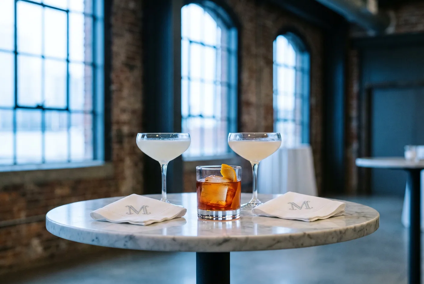 Cocktail table at blue hour outside the historic Gallatin depot