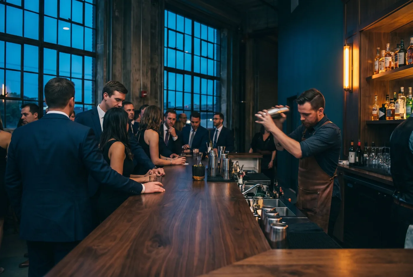 Suits at the bar at dusk during a corporate gathering at the depot