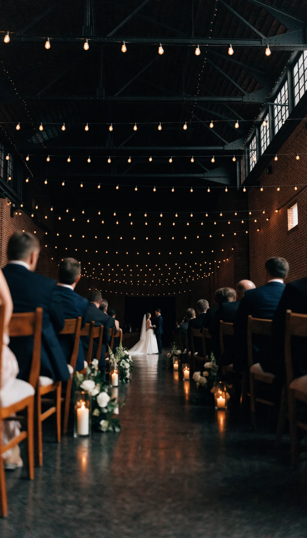 A candlelit wedding ceremony aisle under the 1926 trusses and string lights at Depot Square Events, Gallatin, Tennessee