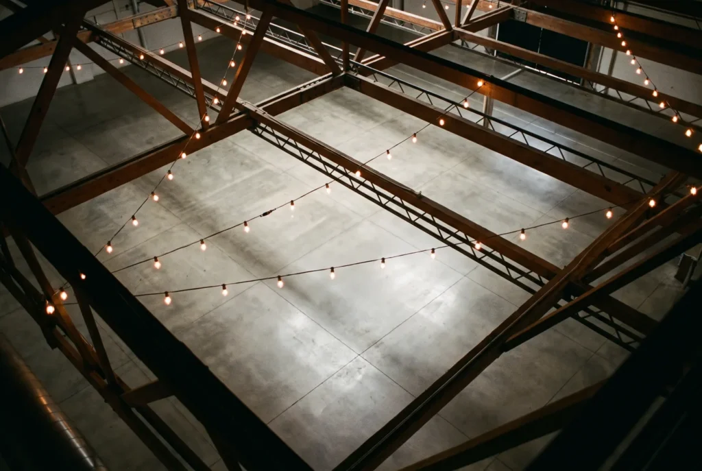 The 10,000+ square foot event space seen from the trusses above